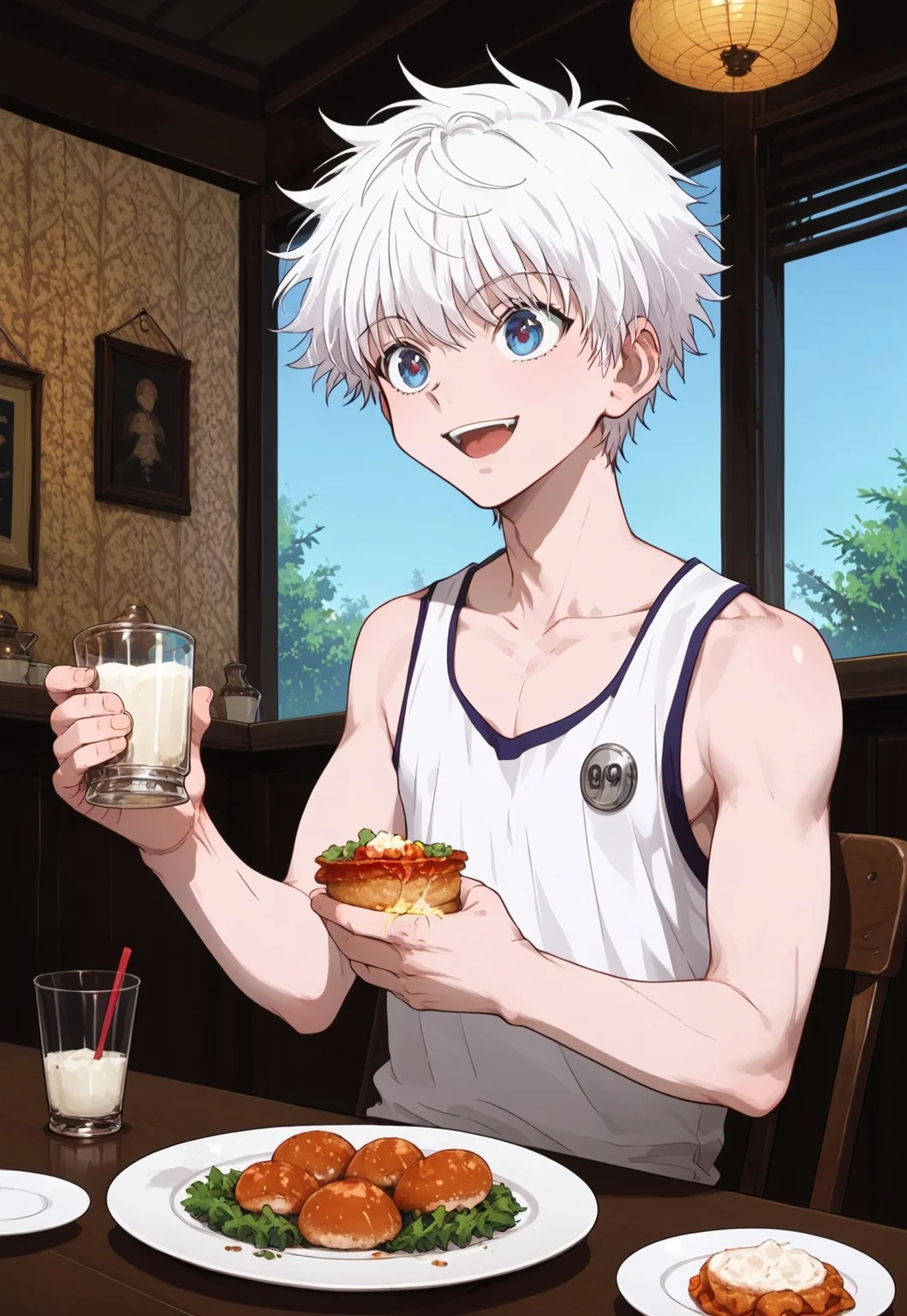 safe_pos, score_9_up, score_8_up, score_7_up,anime source,(realism:0.8) , best quality, lots of details, clear outline,
, 1boy,killua_zoldyck,,solo, 18yo, bishounen, emaciate physique , ,handsome:1.3,male focus, thin body, short hair, white hair, blue eyes,,blue eyestsurime,detailed eyes, happy expression, light smile,opened mouth , detailed face,colorful,
sitting,chair,eat dinner,roast chicken, pork ribs, plates, cups, drinks, bright mushrooms,table,
celebrate,
trophy on table,
tank shirt,sleeveless,booty shorts,narrow shoulder,thin chest,navel,
screen focus on full body,
perfect shooting angle,
outdoor ,
great anatomy,