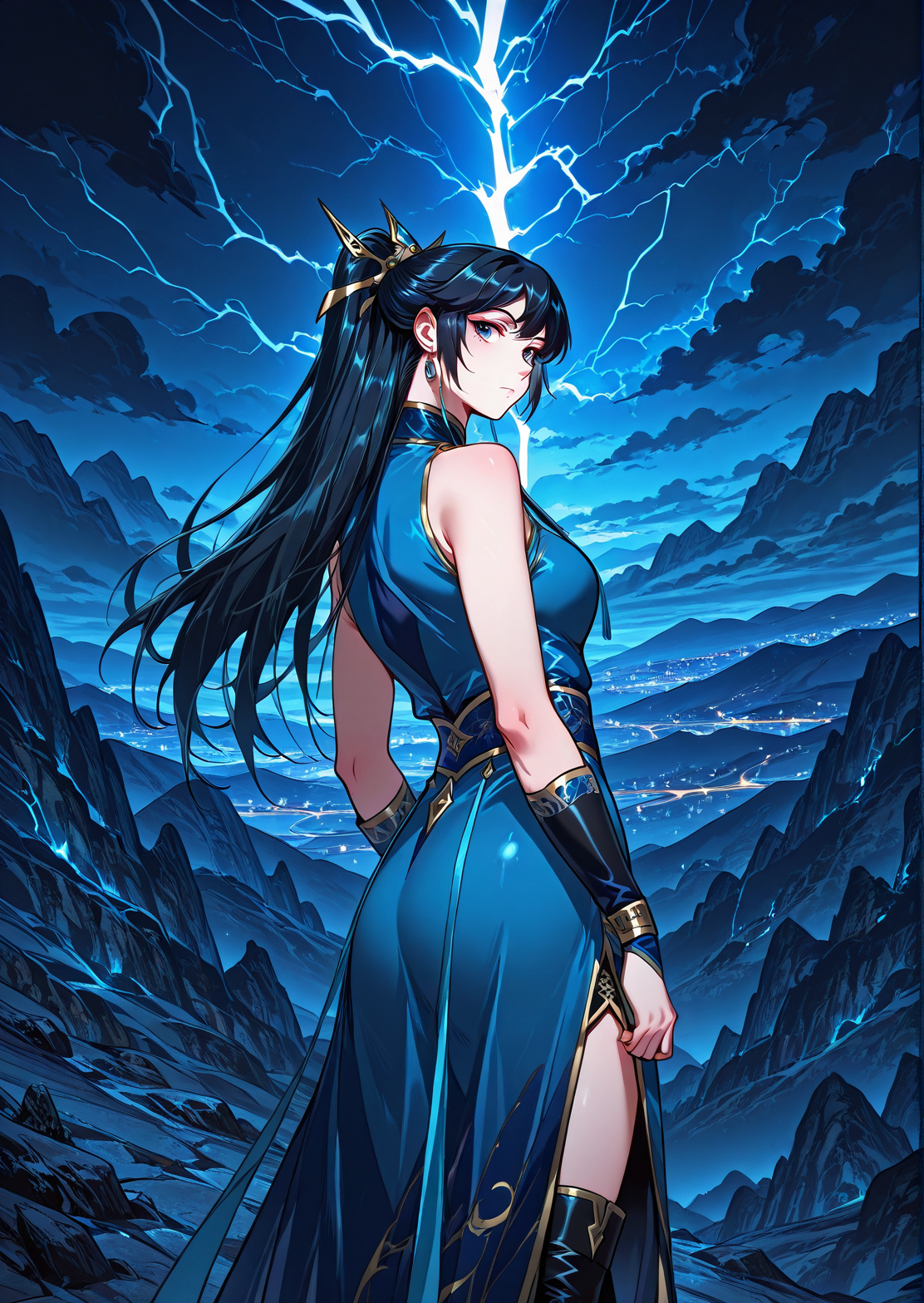 <lora:Wang_Zijin__I_am_the_Fated_Villain__Illustrious:1>
1 girl, solo, ponytail, long hair, bangs, black hair, blue eyes
chinese clothes, blue dress, black boots, jewelry, hair ornament, earrings, hair ornament, rare shoulders
score_9, score_8_up, score_7_up, source anime, BREAK,  cowboy shot, (from side), looking back, looking at viewer, overlooking mountain, high altitude, scenery, exterior, background, (solo), perfect hands, night, lightning  <lora:iLLMythG0thicL1nes:1>