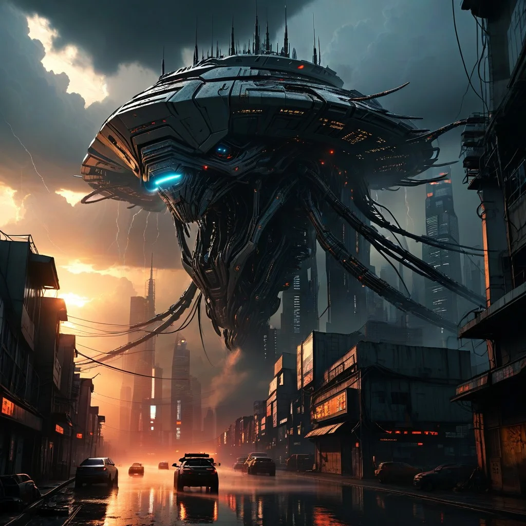Photorealistic, futuristic cityscape, HDR, otherworldly, far off in the distance, partially obscured by clouds, a gigantic alien mother ship floats high above the city, far in the distance, like a humongous hovering metallic insect, distance haze, electalien artstyle, viewed from a skyscraper, sunset, District 9, Blade Runner, Edge of Tomorrow, Independence Day, high contrast, foreboding, small alien support craft zip around the ship, storm clouds, lightning,