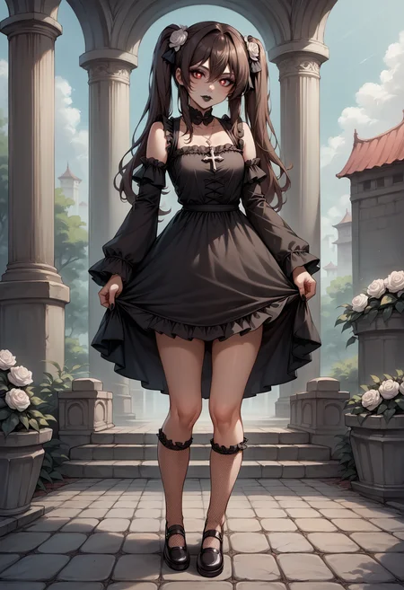 score_9, score_8_up, score_7_up, source_anime, 1girl, solo, looking at viewer, HuTao_DskFll, long hair, brown hair, hair between eyes, twintails, sidelocks, gothic, goth fashion, black dress, frills, lipstick, eyeshadow, makeup, detached sleeves, bare shoulders, wide sleeves, fishnets, hair flower, rose, jewelry, cross necklace, outdoors, architecture, pillar, bush, (nature:0.9), vines, white flower, overgrown, contrapposto, legs apart, standing, head tilt, red eyes, symbol-shaped pupils, layered dress, black nails, ((black lips)), frilled thighhighs, arch, blue sky, full body, mary janes, black footwear, cobblestone, closed mouth