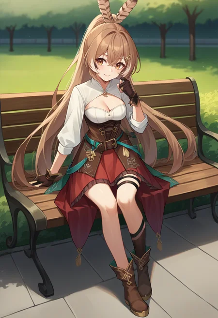 score_9, score_6_up, source_anime, 1girl, solo, full body, sitting, on bench, park, mumei_base, ponytail, very long hair, feather hair ornament, hairclip, white shirt, brown corset, cleavage cutout, red skirt, belt, partially fingerless gloves, single thighhigh, ankle boots, light smile <lora:mumeiXL:1>