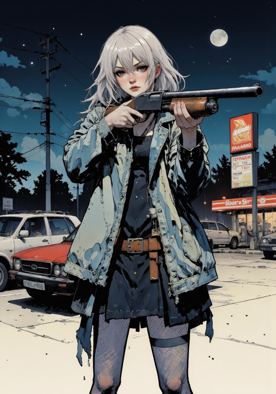detailed digital illustration of a young woman aiming a Model870 pump action shotgun, she wears fishnet dress, oversized denim jacket outfit, fast food parking lot at night,, Mangaka style<lora:Model870-18.safetensors:1.0:1.0> <lora:Mangaka V2.safetensors:1.0:1.0>