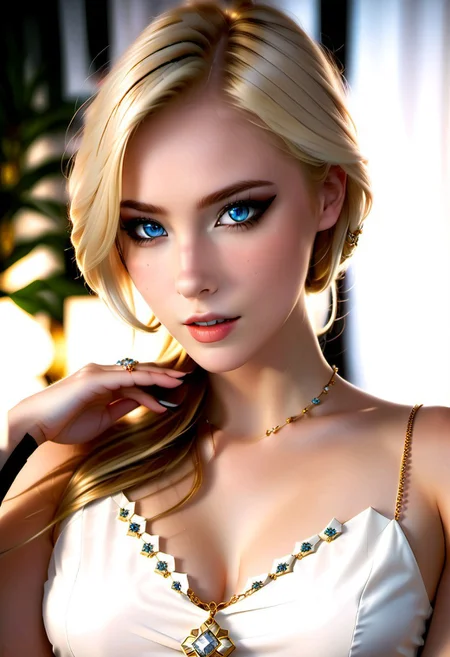 photo of a girl
<lora:lunafreya_nox_fleuret_ilxl_goofy:1> lunafreya nox fleuret, 1girl, solo,blue eyes, jewelry, necklace, dress, looking at viewer, lips, upper body,sleeveless, white dress,
thorough, analog style, eye focus, highest quality, highly detailed skin, perfect face, alluring eyes, skin pores, perfect natural skin, indoor, bokeh, sharp focus, photographed on a Sony A7R IV, 18mm F/1.7 cine lens, highly detailed, intricately detailed, 64k, UHD, seductively posing, front view, very realistic face, Authentic face, ((ultrasexy):1.3)