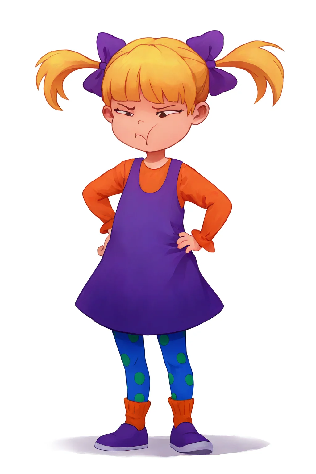 masterpiece, best quality, detailed, semi realistic, ((child, little girl:1.4)), an3x1, 1girl, solo, open mouth, pouting, pinafore dress, hair bow, full body, hair bow, hand on hip, blue leggings, polka dot, long sleeves, purple footwear, orange socks, short twintails, white background, blonde hair, child