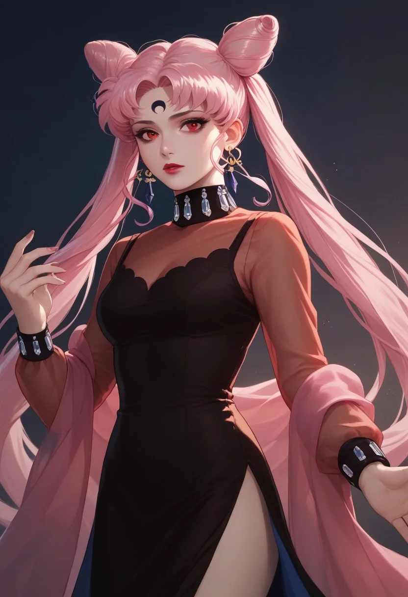 score_9,score_8_up,score_7_up, masterpiece, best quality, 1girl, black lady, 1girl, solo, long hair, red eyes, dress, twintails, jewelry, very long hair, pink hair, earrings, hair bun, see-through, double bun, makeup, facial mark, lipstick, crescent, side slit, aged up, forehead mark, cone hair bun, crescent facial mark, crystal earrings