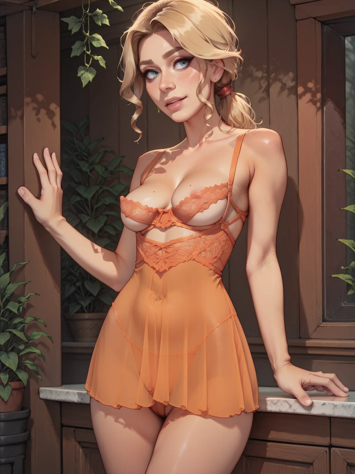 score_9, score_8_up, score_7_up, a tranquil bioluminescent forest, with soft, glowing light, peaceful waters, a serene environment, 1girl, solo, Small breasts, natural breasts, Dark sandy blonde hair, Low ponytail with metallic foil accents, Lean forward against a surface, legs slightly apart, and eyes looking directly at the camera., Close-up, focusing on a specific detail or part of the subject, <lora:Oh_La_La_Cheri_-_Hazel_Peek-A-Boo_Babydoll_Dress_-_Pony:1> hazel_peek_dress, covered nipples, <lora:Cumov_Pony:0.8> cumov, Iridescent Mocha lingerie