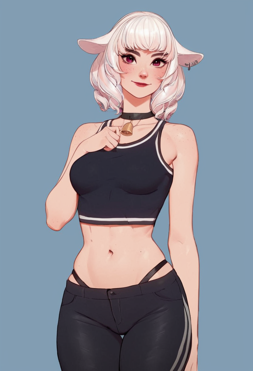 score_9, score_8_up, score_7_up, score_6_up, 1girl, solo, <lora:Bo_Sheep__vTuber:1>, Bo Sheep, detailed eyes, perfect face, perfect eyes, sexy, sexy girl, beautiful eyes, petite body, thick thighs, medium breasts, standing, dynamic posing, light smile, simple background, dynamic angle, cowboy shot<lora:Pony_QualityV4.0> <lora:IndigoToonMix_Style-000010> <lora:blmn-sdxl>