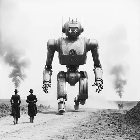 <lora:10s_Retro_Future_MovieSDXL:1> ArsMovieStill, movie still from a 1910s retro future  movie, The image shows a black and white photo of a robot running down a dirt road with a group of people standing in the background and smoke billowing up into the sky., greyscale, monochrome, robot, mecha, science fiction, running, soldier, military, multiple boys