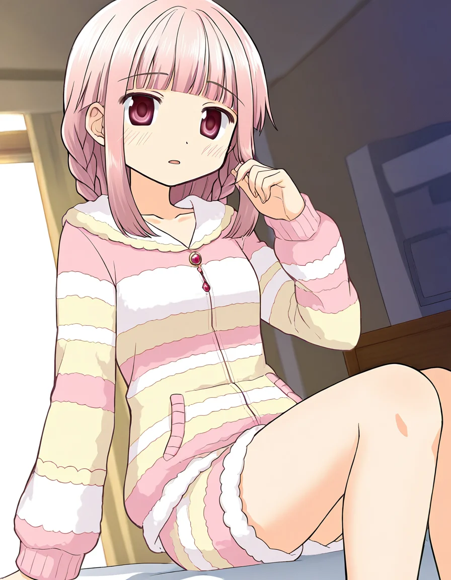 masterpiece, best quality, newest, absurdres, highres, safe, 1girl, tamaki iroha \(pajamas costum\), magia record: mahou shoujo madoka magica gaiden, solo, indoors, dutch angle, <lora:tamaki_iroha_noobaiXLNAIXL_vPred10Version:0.7>