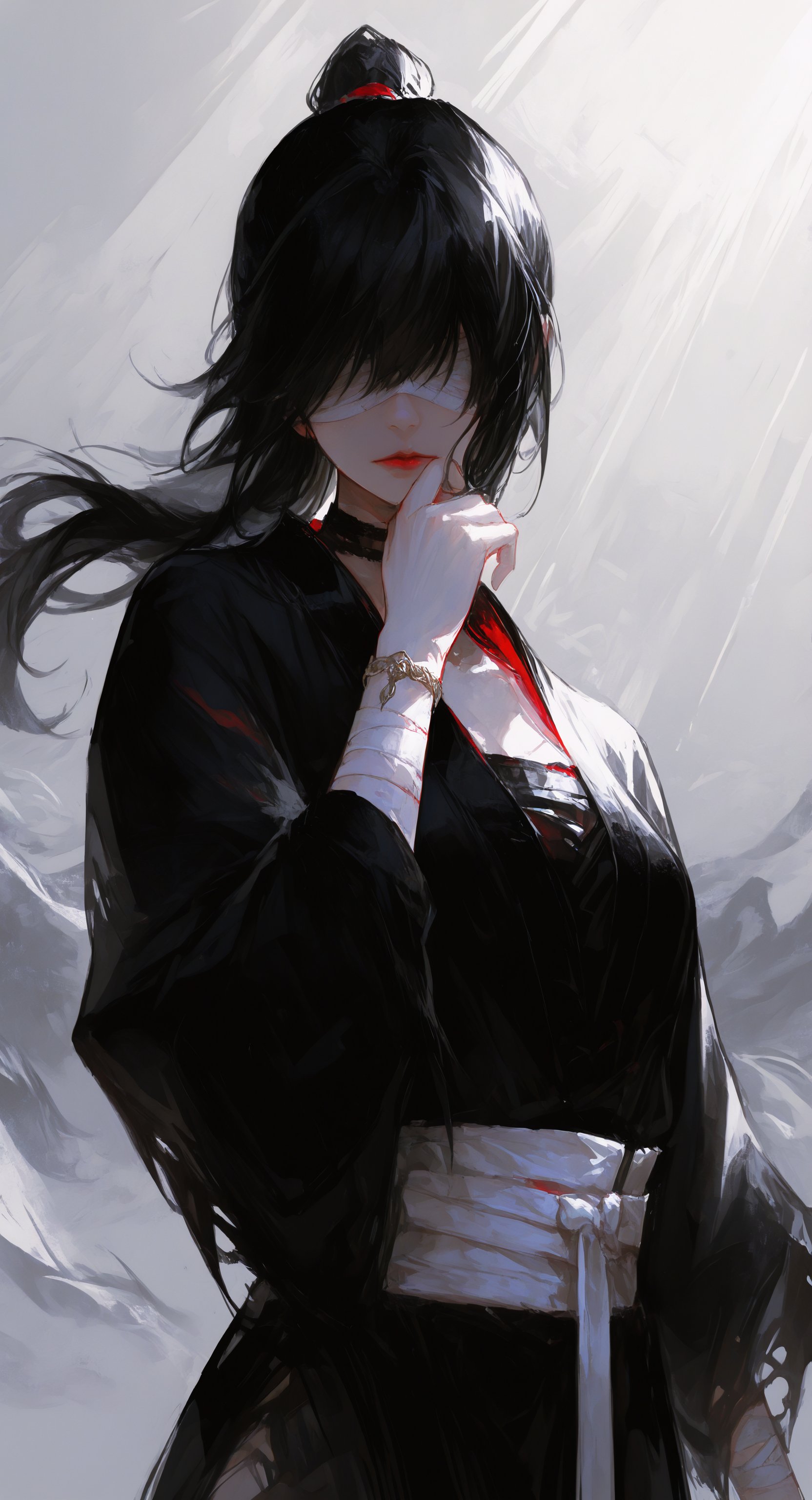 masterpiece, best quality, good quality, very aesthetic, absurdres, newest,1girl, solo, hanfu,long hair, black hair, long sleeves, closed mouth, jewelry, ponytail, choker, hand up, grey background, black hanfu, bracelet, torn clothes, White sash, black choker, chinese clothes, facing viewer, Black bandages over eyes, red lips, hand to own mouth, covered eyes, wind, sunlight <lora:spo_sdxl_10ep_4k-data_lora_webui:0.6> <lora:ponyv5_noobV065S_1_adamW-000013:0.7> <lora:USNR_STYLE_XL_lokr:0.45> <lora:GBF_Illustrious:0.4> <lora:748cmSDXL:0.8> <lora:96YOTTEA-WAI:0.45>
