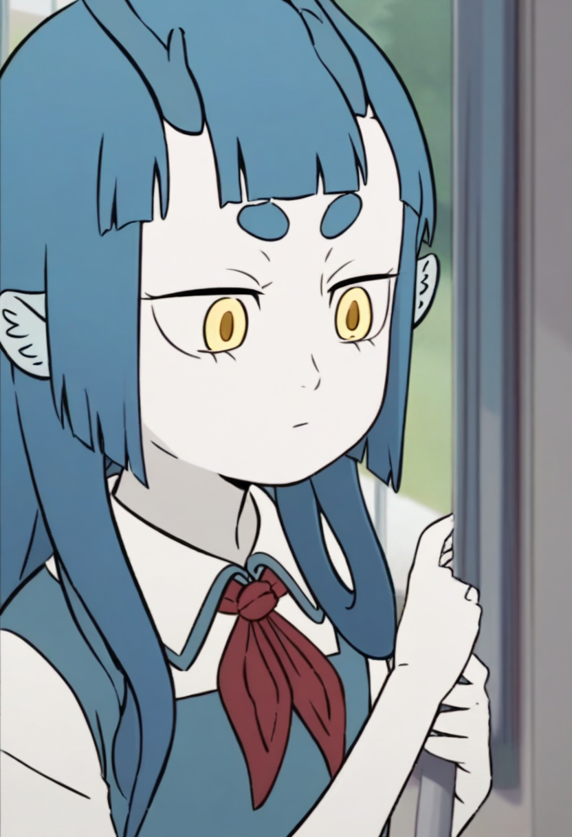 <lora:longnu:1>,longnu,1girl,horns,blue hair,long hair,blunt bangs,yellow eyes,short eyebrows,animal ears,white skin,
shirt,white shirt,school uniform,collared shirt,short sleeves,red neckerchief,, masterpiece,best quality,amazing quality,absurdres, anime screenshot,