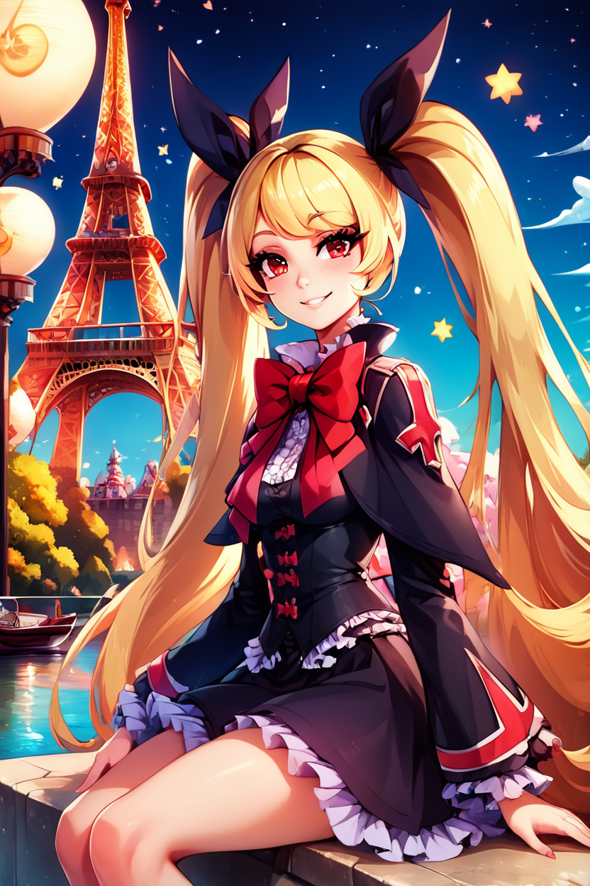 score_9, score_8_up, score_8, medium breasts, (curvy), cute, eyelashes,       ,,, , ,,,  zzRachel, long hair, blonde hair, red eyes, twintails, very long hair, bow, ribbon, hair ribbon, red bow, black dress, frills, <lora:RachelAlucard_PDXL:1.0>, ,,,, BREAK, zzEiffelTower in background, sitting, watercraft, boat, sitting on wall, side view, looking at viewer, smile, ,,, BREAK, blooming stars, luminescent petals, otherworldly fragrance blurry background, ,,, embedding:zPDXL, Expressiveh, ,,, <lora:EiffelTowerPDXL:1.0>, <lora:CatalystStylePDXL:0.6>, <lora:SDXLFaeTastic2400:0.5>, <lora:Expressive_H-000001:0.4>,