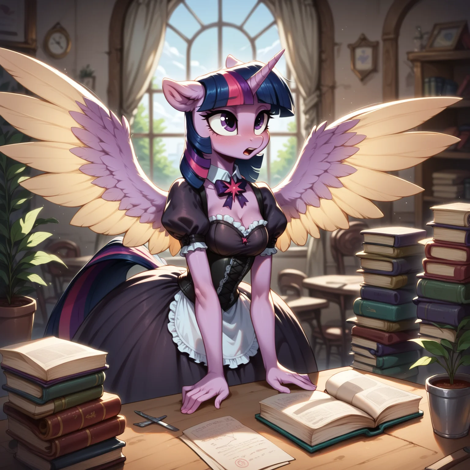 score_9, score_8_up, score_7_up, anthro pony
BREAK,
Twilight Sparkle, wide hips, Victorian corset, detailed dress, village, bending over picking up a book, big wings
BREAK,
<lora:Aer0Zer0_Artist_Style:.2>, <lora:Realistic_2.5DAnime_Merge1:1>, <lora:add-detail-xl:1>, <lora:Argento_Style_PonyXL:.2>, <lora:Furry Enhancer 6.1:1>, detailxl, <lora:Welost_Artist_Style:0.2>