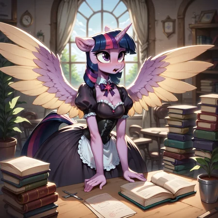 score_9, score_8_up, score_7_up, anthro pony
BREAK,
Twilight Sparkle, wide hips, Victorian corset, detailed dress, village, bending over picking up a book, big wings
BREAK,
<lora:Aer0Zer0_Artist_Style:.2>, <lora:Realistic_2.5DAnime_Merge1:1>, <lora:add-detail-xl:1>, <lora:Argento_Style_PonyXL:.2>, <lora:Furry Enhancer 6.1:1>, detailxl, <lora:Welost_Artist_Style:0.2>