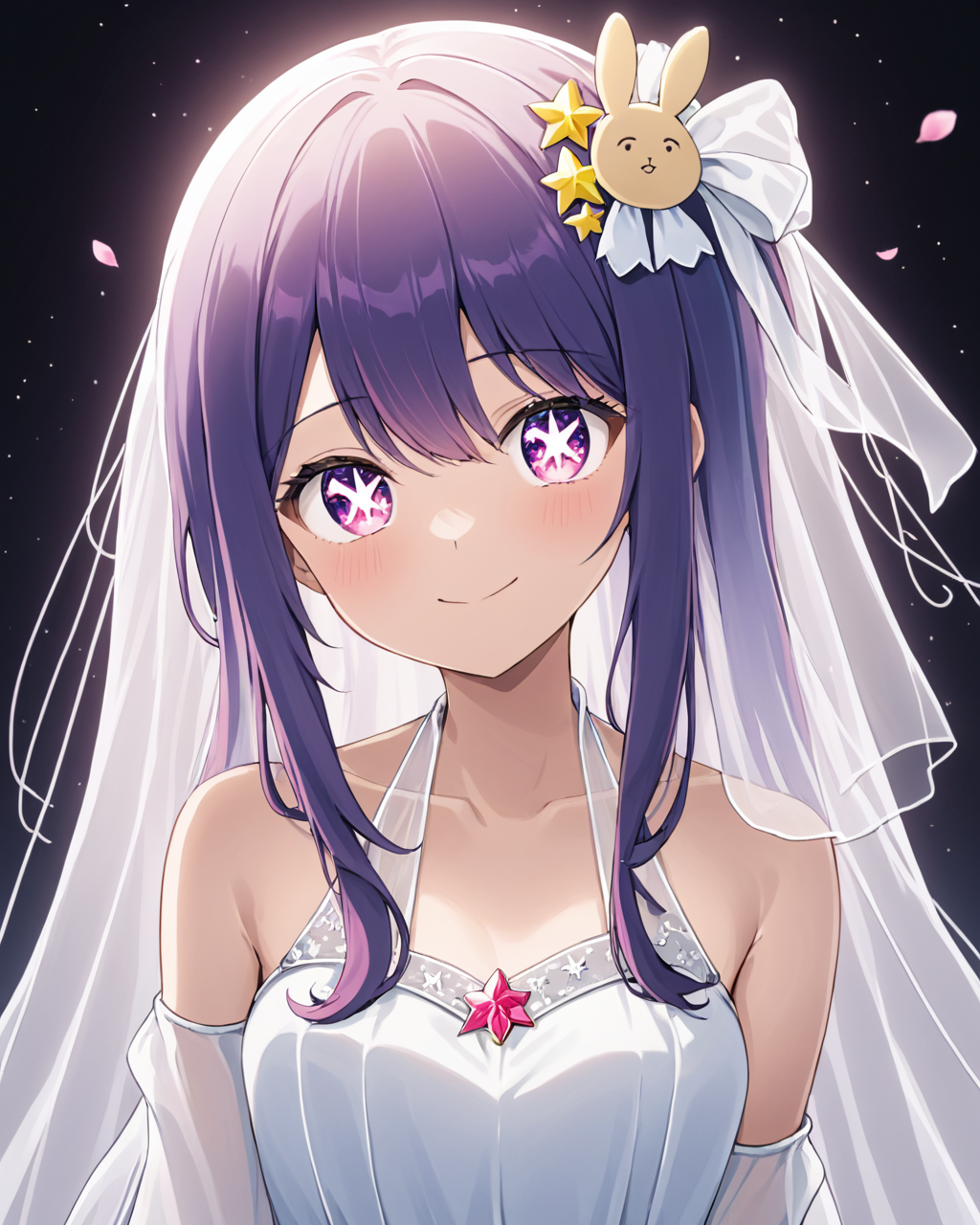 ai hoshino,1girl, solo, smile, star_\(symbol\), looking_at_viewer, pink_nails, blush, nail_polish, star_hair_ornament, bare_shoulders, virtual_youtuber, sparkle, diamond-shaped_pupils, bridal_veil, white_dress, wedding_dress, closed_mouth, rabbit_hair_ornament, petals, jewelry, collarbone, black_background, white_flower, upper_body
<lora:hoshino_ai_(oshi_no_ko)_image2321_2023-12-06:1>,star-shaped_pupils,symbol-shaped_pupils,. gorgeous,key visual, vibrant, studio anime,award-winning, professional, highly detailed,high budget, cinemascope