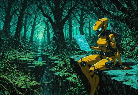 masterpiece, best quality, amazing quality, high resolution, 1girl, solo, robot girl, (yellow body:1.2), muscular, sci-fi landscape, deadly forest landscape, unusual trees, thigh pouch, radio belt, tall science backpack, DRKWB, sitting on ledge in distance, wide shot, hologram notepad