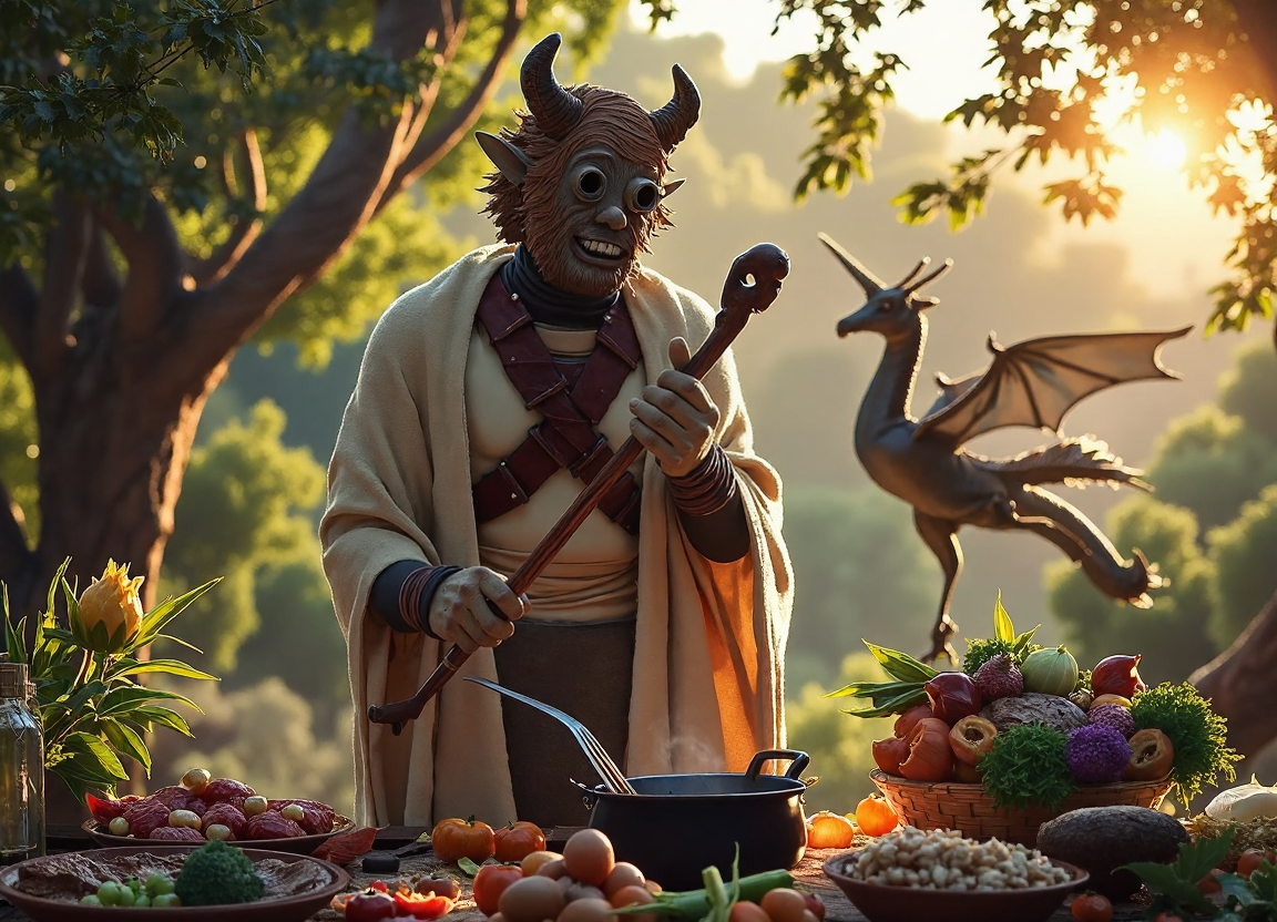 {"T5": ",A highly detailed, hyperrealistic photograph of a Tusken Raider, with a happy expression, standing in the midst of an enchanted forest, wearing modest, earth-toned robes, covered from shoulder to ankle, as a mystic chef, preparing a grand feast for mythical creatures, with an array of vibrant, colorful dishes and ingredients, including steaming vegetables, succulent meats, and exotic spices, with the Tusken Raider's detailed skin, face, and eyes, including the iconic mask, gazing upwards with a joyful smile, as they stir a large, bubbling cauldron, with a wooden spoon, in the warm, golden light of a setting sun, casting a gentle glow over the scene, with the camera positioned at a 45-degree angle, looking down on the scene, with the Tusken Raider placed at the intersection of the rule of thirds, and the background a lush, vibrant tapestry of trees, foliage, and mythical creatures, including a dragon, a unicorn, and a phoenix, all gathered around the feast, in a celebratory atmosphere,", "CLIP-L": ",Tusken Raider, mystic chef, enchanted forest, mythical creatures, happy expression, hyperrealistic, highly detailed, earth-toned robes, vibrant dishes, steaming vegetables, succulent meats, exotic spices, wooden spoon, bubbling cauldron, warm golden light, setting sun, rule of thirds, lush foliage, dragon, unicorn, phoenix, celebratory atmosphere,"}
<lora:Tusken_Raiders_-_Star_Wars_Flux:1.0>