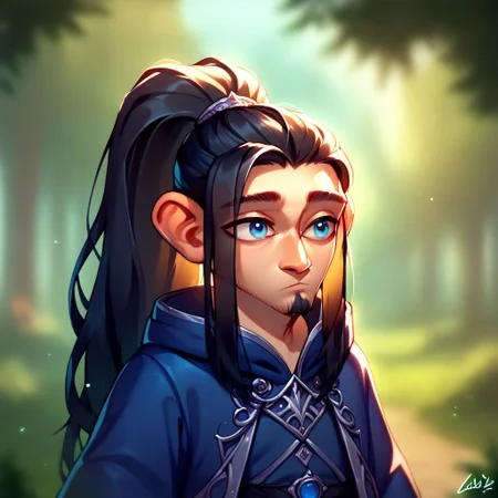 (((beautiful, high quality))), upper body, score_9, score_8_up, score_7_up, solo,
LomArtStyle,
Gnome, short stature, big eyes and ears, 1boy, blue eyes, blue robe, fantasy robe, Long hair, ponytail, long black beard,
Outdoor, fantasy background, nature, blurred background,