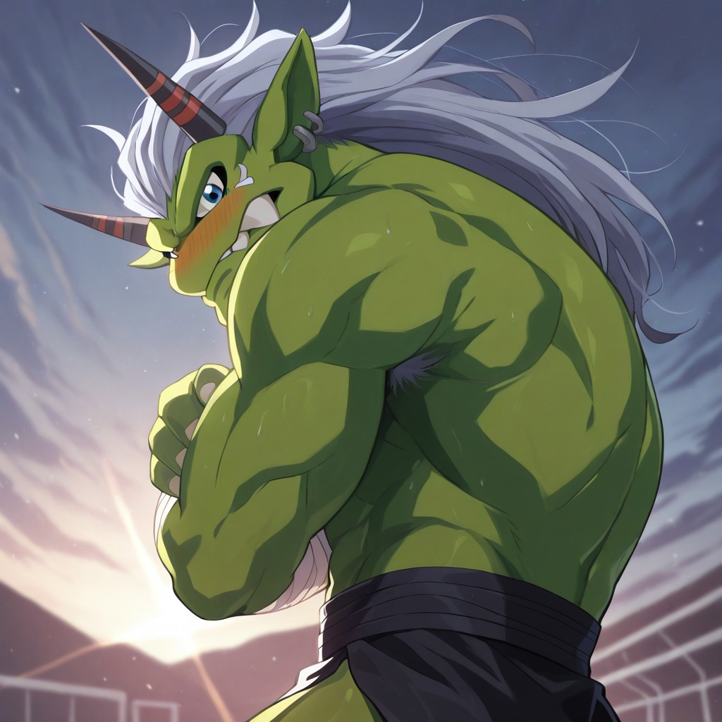 High quality, good shots, ogre10101110, Ogremon, digimon, 1boy, solo, green skin, blue eyes, teeth, mouth open, no nose, bandages, loincloth, horns, black horns, gym background, flushed, side angle shot, arms crossed, looking at viewer, upper body shot, (shy:1.6), flushed