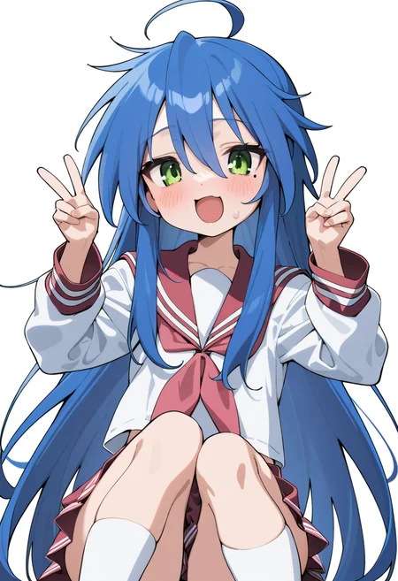 izumi konata, 1girl, double v, blue hair, ahoge, green eyes, solo, mole under eye, long hair,ryouou school uniform, v, school uniform,serafuku,
masterpiece, best quality,newest,
<lora:Luckystar A31 e1-000009:0.70>