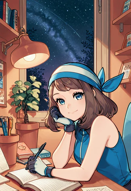 masterpiece, best quality, 1girl, eyelashes, (beautiful eyes), looking at viewer, smile, zzSapphire, blue eyes, brown hair, medium hair, gloves, blue bandana, (upper body), ,<lora:SapphireBirchPokemon_IXL:0.8>, , zzLofi, sitting, side view, desk, chair, book, bookshelf, head rest, holding, holding pen, lamp, night, open book, pen, plant, potted plant, sky, star (sky), starry sky, window, windowsill, writing, <lora:LofiGirl_Style_IXL:0.8>,