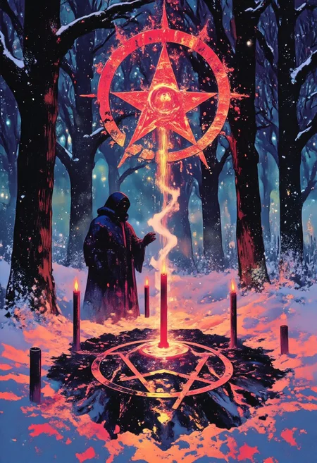 dreamscape7X,A dark, atmospheric scene of a red ritual pentagram glowing fiercely in the center of a snow-covered forest. The pentagram, drawn in thick, blood-red lines, burns with an otherworldly light, casting eerie crimson shadows on the surrounding trees. The snow around it is melted into a perfect circle, revealing blackened earth beneath. Candles, each flickering with red flames, mark the pentagram’s points, their light reflecting off the icy branches. A hooded figure stands at the edge, their face obscured, arms raised in invocation. The forest is silent, the air thick with tension, as faint wisps of smoke rise from the pentagram, curling into the cold night sky. The contrast between the fiery red glow and the stark white snow creates a haunting, ritualistic atmosphere, full of mystery and dark power.