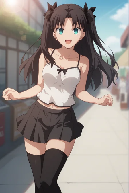 score_9, score_8_up, score_7_up, score_6_up, score_5_up, score_4_up, BREAK source_anime, 1girl,
<lora:TohsakaRinXL-v1-04:0.7>, ChopioTohsakaRin, black hair, long hair, parted bangs, two side up, hair ribbon, aqua eyes, looking at viewer,
(thick thighs:0.7), medium breasts,
outfit_4, white blouse, spaghetti straps, midriff, black skirt, pleated skirt, black thighhighs, zettai ryouiki,
outdoors, town, shops, sunny, sunlight, light rays, lens flare, (depth of field:1.3), bokeh,
standing, smile, open mouth,