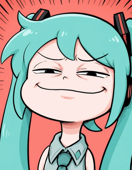 <lora:merriviuselfmeme_smug_illust:1> merriviuselfmeme_smug, exaggerated smug expression, hatsune miku