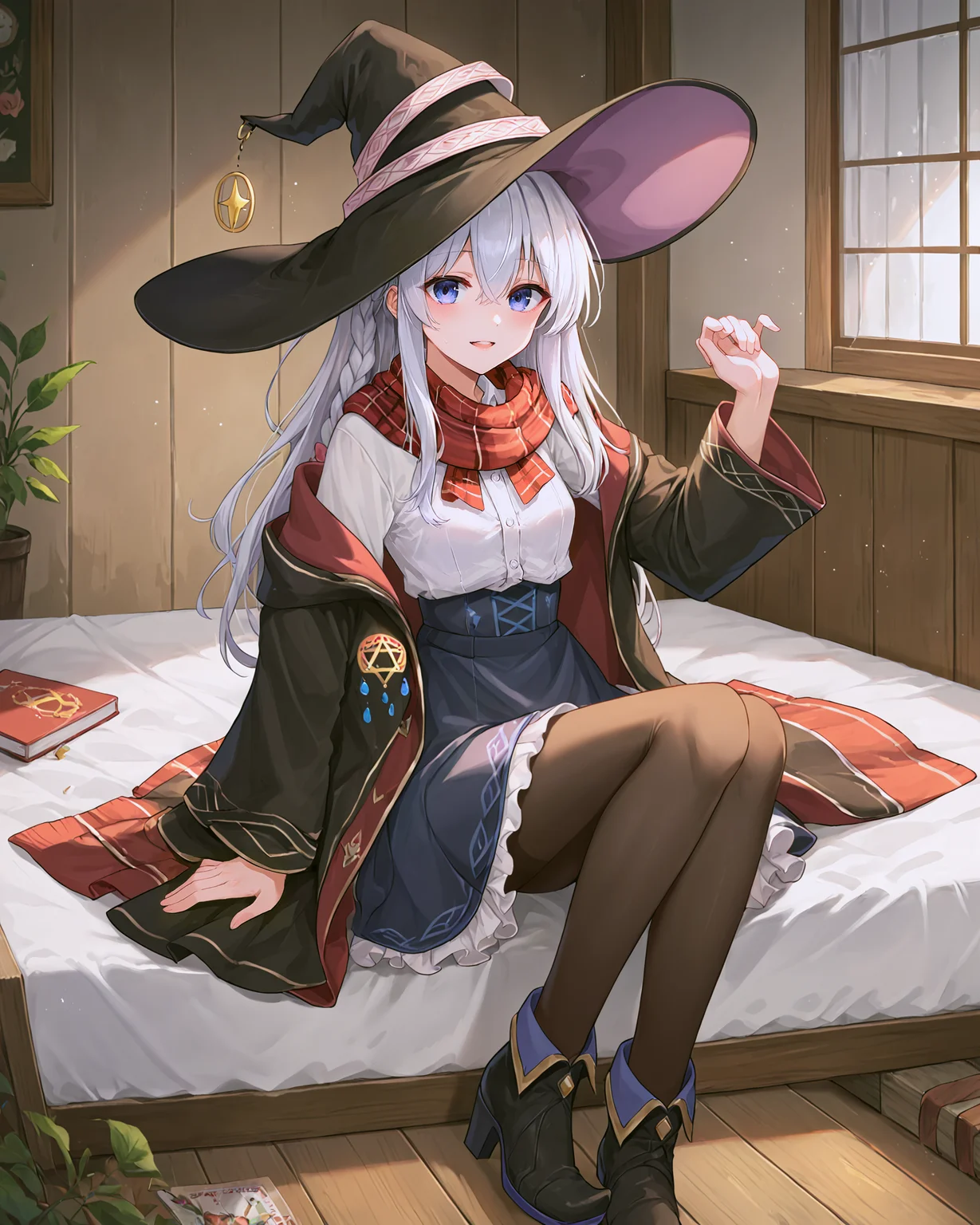 <lora:Majo_Elaina_XL:0.8> elaina, blue eyes, white hair, hair between eyes, long hair, bangs, ahoge, braid, single braid, hair bow, pink bow, jewelry,sidelocks, hair ornament, ribbon, scarf, red scarf, plaid scarf, shirt, dress shirt, white shirt, off shoulder, skirt, blue skirt, high-waist skirt, medium skirt, frills, frilled skirt, plaid, pantyhose, black pantyhose, coat, black robe, open robe, open clothes, wide sleeves, long sleeves, hat, witch hat, black headwear, boots, high heels, high heel boots, pointy footwear, black footwear, ankle boots,, <lora:9_Detail_Tweaker_XL:0.8>, score_9, score_8_up, score_7_up, source_anime, masterpiece, best quality, highly detailed background, cinematic lighting, detailed eyes, perfect face,, lazy, teenager room, messy, bedroom, bed sheet, closet,