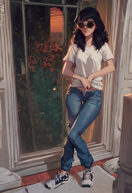 score_9, score_8_up, score_7_up, thai girl, (medium chest:0.5), dark hair, striped t-shirt, denim short, sunglasses, full body, foreskin, Jarujak market at night,