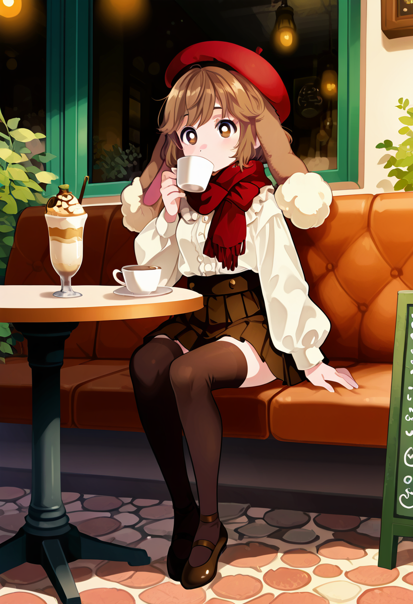masterpiece, best quality, no humans,    [French Chic CafÃ©], zzBuneary, brown hair, fluffy ears, round eyes, fur details, 1girl, solo, beret, elegant scarf, white blouse, pleated skirt, knee-high socks, ballet flats, cafÃ©, Parisian street, cobblestone â zzBuneary sits at an outdoor cafÃ© table, sipping espresso as a gentle breeze tousles her beret. The chic Parisian cafÃ© bustles behind her, while she exudes effortless elegance in her white blouse and pleated skirt. Her knee-high socks and ballet flats complement the soft pink glow of the early afternoon sun. She smiles softly, her fluffy ears peeking out from beneath the beret, as the cobblestone street hums with the ambiance of a quintessential Parisian afternoon.   <lora:BunearyPokedex_IXL:1.0>,  C0utur3Cr4z3, <lora:CoutureCraze_IXL:0.6>,