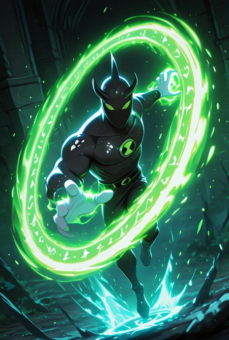 <lora:alienx-09:1> alienx, 1boy, green eyes, horns, matte black skin, full body, dynamic pose, white hands, wide face, white spots on body, cinematic shot,   <lora:WeaponSpellBindIL:1> spell bind, white magic, black magic,, masterpiece, best quality, amazing quality, very aesthetic, absurdres, newest,