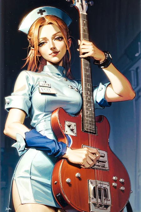 (masterpiece, best quality:1.2), haruko, flcl, nurse outfit, holding, red bass guitar, 1girl, solo, smirk, nurse outfit, large lips, ponytail, bangs, white nurse hat, white nurse outfit, surgical gloves <lora:HARUKO-15:0.8>