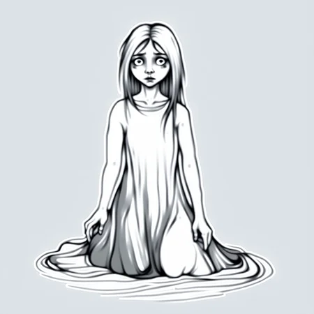 spot color, dress, traditional media, 1girl, monochrome, blood, greyscale