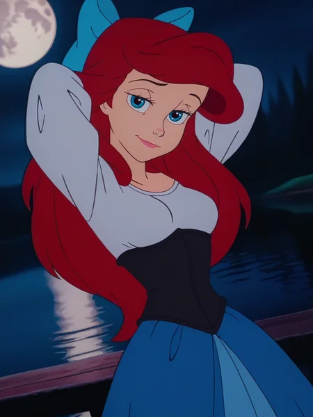 (anime screencap:1.2), blurry background,
1girl, medium breasts, (ArielXL:1.1), long hair, red hair, blue eyes, long sleeves, blue skirt, hair bow, black corset, 
naughty face, dutch angle, cute pose, light smile, looking at viewer, night, lake, moon, dynamic pose, cowboy shot, arms up, 
<lora:ArielXL_character-12:1>