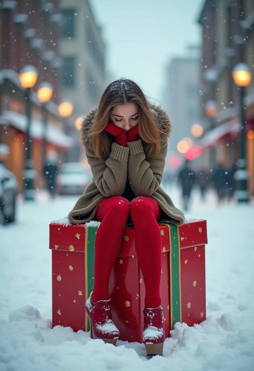 very tired girl, christmas, she is in red stockings with stilettos sitting in the middle of snowy street on a huge big christmas gift box, snowdrifts, snow falling, colorful, fashion style, realistic, hyper-detailed, kodak 50mm lens, professional photoshoot