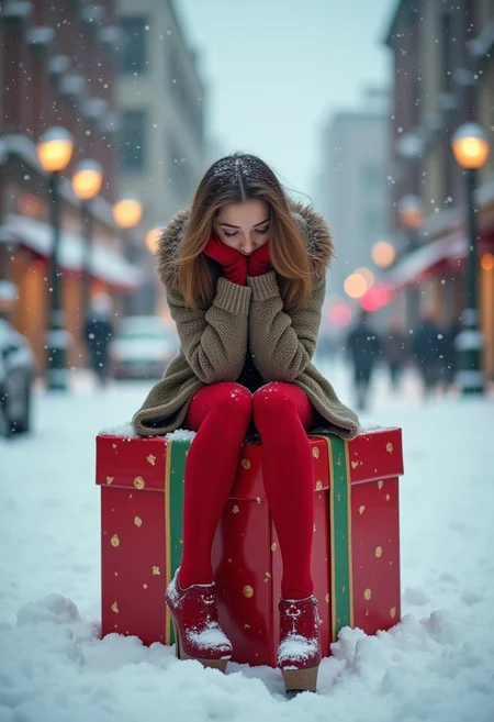 very tired girl, christmas, she is in red stockings with stilettos sitting in the middle of snowy street on a huge big christmas gift box, snowdrifts, snow falling, colorful, fashion style, realistic, hyper-detailed, kodak 50mm lens, professional photoshoot