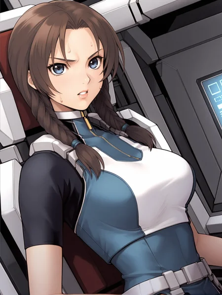 masterpiece,best quality,newest,
1girl,solo,
<lora:Mary_Appleton_ilxl_v1.0:1>,mary_a,twin braids,brown hair,blue eyes,lips,
m_suit,turtleneck,skin tight,bodysuit,crop top,short sleeves,fingerless gloves,leotard,
<lora:Fixhands_anime_bdsqlsz_V1:1>,dynamic_angle,upper_body,face_focus,sweat,serious,looking_at_screen,<lora:gundamwingcockpitXL2:1>,gundamwingcockpit,joystick,sitting,dutch angle,cinematic_angle,heavy_breathing,clenched_teeth,