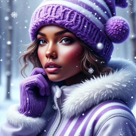 Contrail, mosaic, Fantasy realism, Storybook Illustration, double exposure, delicate detailed inspired by [Artgerm, Brian M  Viveros, Esao Andrews], violet | white stripes, sharp focus, triadic colors, gorgeous african american girl, peachy lips, snow suit, violet teddybear santa hat, small snowflakes , dynamic pose, luminism, magic light rings, bioluminescence, 32k