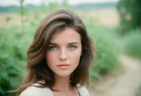 ((CinematicPortrait analog photo)) brunette woman outdoors, blue eyes, (), ((soft focus, depth of field, film grain, looking at viewer)) <lora:CinematicPortraitXL_v3:0.65>