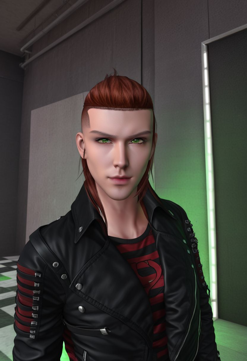 rpskxzt, solo, 1boy, male focus, jacket, piercing, striped shirt, brown hair, shirt, striped, looking at viewer, black jacket, realistic, ear piercing, upper body, leather jacket, green eyes, earrings, facial hair, jewelry, (((masterpiece))), ((ultra-detailed)),