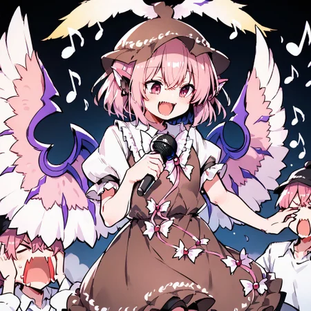 score_9, score_8_up, score_7_up, masterpiece, best quality, detailed, perfect, perfection, vibrant, gorgeous, 
BREAK
mystia, wings, brown headwear, short hair, hat, animal ears, puffy sleeves, dress, pink hair, brown dress, cowboy shot, frills, pink eyes, juliet sleeves, jewelry, shirt, winged hat, bangs, hair between eyes, white wings, white shirt, bird wings, feathered wings, earring, frolled dress, frilled sleeves, 
BREAK
bad singing,crowd,happy,grimace,(hands on own ears:1.2),music,noisy musical note, multiple boys,screaming,closed eyes,blank eyes,holding microphone,