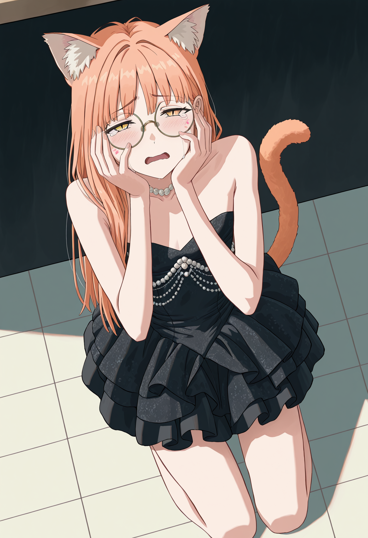 solo,
1boy, trap, flat chest, otoko no ko, skinny, light orange cat ears, light orange cat tail, long hair, air_ bangs, (light orange hair), yellow eyes, slit pupils, round glasses, flat chest,
cafe, from above, kneeling on floor, half-closed eyes, cry, tears, sad, open mouth, looking at viewer, hands on face, blow mark on face,
<lora:godavianashortvictoriandressIL:1.4>, godavianavictoriandress1,  jacquard dress, strapless, short dress, puffy skirt, sleeveless dress, frills, lace, black dress, pearl (gemstone), jewelry, 
masterpiece,best quality,amazing quality,    <lora:FunatsuKazukiIL-style:0.8>,