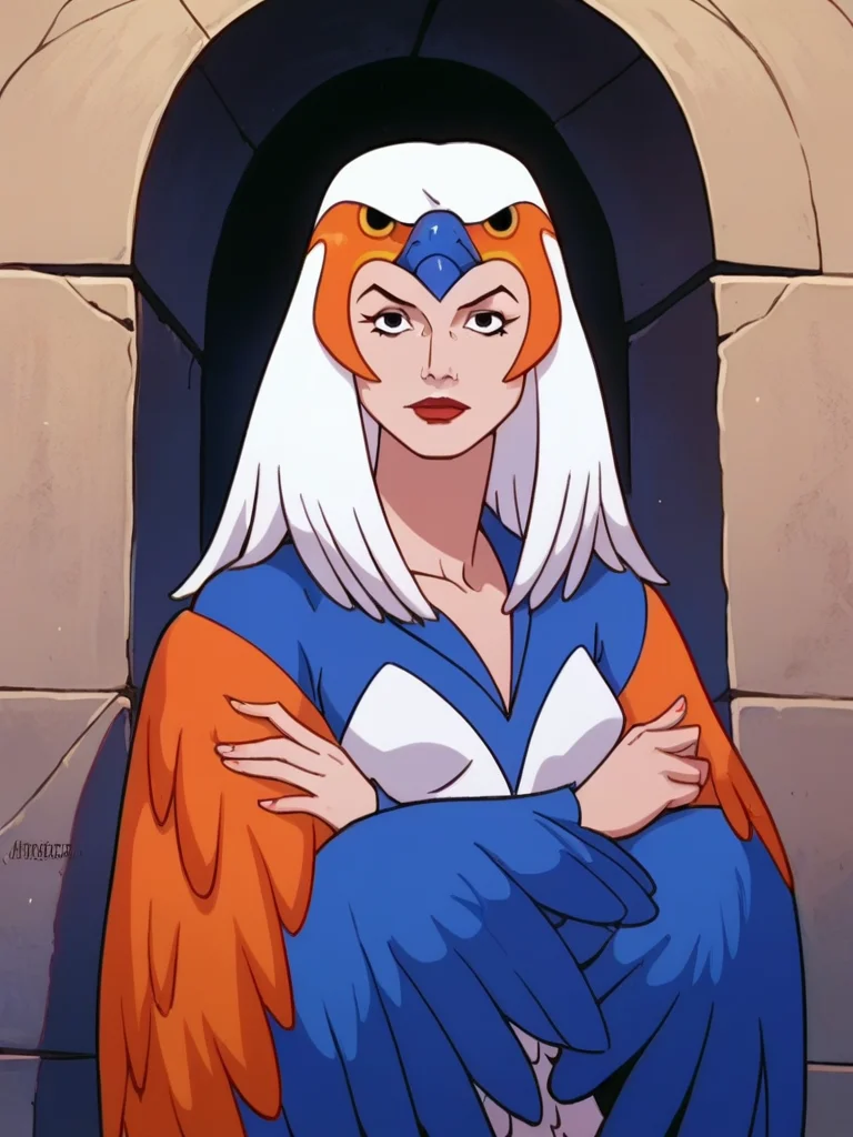 score_9, score_8_up, score_7_up, masterpiece,best quality,amazing quality, absurdres, source_anime, 1girl, solo,  <lora:motu_sorc:1> motu_sorc, sorc, black eyes, avian headdress, blue white leotard, orange and blue feather cape, upper body, standing, arms crossed