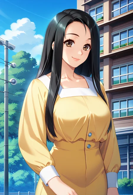 score_9, score_8_up, score_7_up, BREAK N4saki, 1girl, long hair, black hair, brown eyes, outdoors, smile, building, day, looking at viewer, yellow dress, blue sky, tree, power lines, utility pole, standing, long sleeves, cowboy shot, cloud, collarbone, window, yellow skirt, house, lips, apartment,<lora:Masakifix-000015:1>