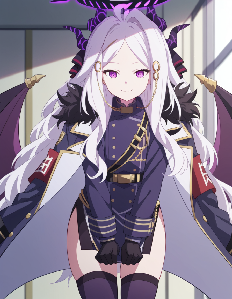 score_9, score_8_up, score_7_up, source_anime, <lora:hina-sorasaki-s1-ponyxl-lora-nochekaiser:1>, hina sorasaki, purple eyes, white hair, halo, ahoge, parted bangs, long hair, very long hair,, armband, black gloves, coat, coat on shoulders, demon horns, demon wings, fur collar, gloves, hair ornament, horns, long coat, military uniform, miniskirt, multiple horns, side slit, thighhighs, uniform, wings, zettai ryouiki,, indoors, bent over, smile,, looking at viewer, solo, cowboy shot, dutch angle