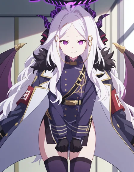 score_9, score_8_up, score_7_up, source_anime, <lora:hina-sorasaki-s1-ponyxl-lora-nochekaiser:1>, hina sorasaki, purple eyes, white hair, halo, ahoge, parted bangs, long hair, very long hair,, armband, black gloves, coat, coat on shoulders, demon horns, demon wings, fur collar, gloves, hair ornament, horns, long coat, military uniform, miniskirt, multiple horns, side slit, thighhighs, uniform, wings, zettai ryouiki,, indoors, bent over, smile,, looking at viewer, solo, cowboy shot, dutch angle