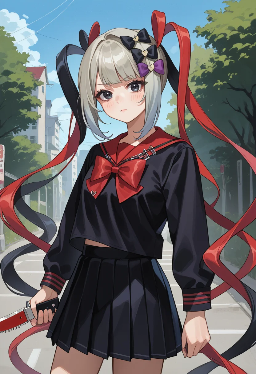score_9, score_8_up, source_anime, 1girl, solo, KAngelDark, black eyes, multicolored hair, grey hair, red hair, black hair, very long hair, quad tails, black hair bows, black serafuku, red sailor collar, long sleeves, red bowtie, black skirt, holding knife, outdoors, <lora:ChamKAngelPonyXL:1>