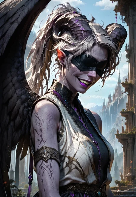(absurdres, best quality, masterpiece:1.4),
score_9, score_8_up, score_7_up, score_6_up,
detailed,
detailed body,
detailed face,
fantasy,
female,
tiefling,
h0rns,
ram horns,
black horns,
tall,
((((purple skin)))),
((long grey hair, ponytail)),
(((wingsd, black wings))),
one arm behind head,
soft smile,
(white robe, sleeveless,
blindfold, black cloth blindfold),
depth of field,
outdoors,
mountain temple,
upper body