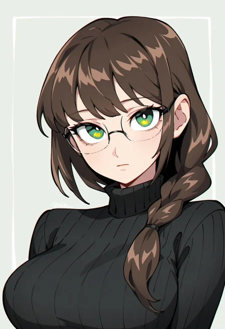 {{masterpiece,best quality,amazing quality,absurdres}}, {{flat shading, cel shading}}
BREAK
1girl, solo, upper body, simple background, portrait, looking at viewer, brown hair, bangs, single braid, green eyes, black glasses, large breasts, black sweater, turtleneck, expressionless